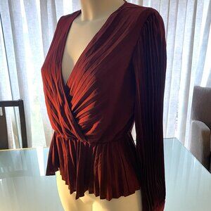 Express Wine Pleated Plunge Neck Top Blouse Faux Wrap Size S V Neck Long Sleeved